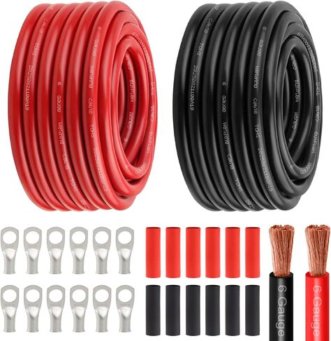 كابل طاقة بطارية 6 Awg - 15FT أحمر + 15FT أسود 6 كابل لحام مرن سلك نحاسي OFC مع موصلات طرفية العروات وأنبوب الانكماش الحراري للسيارات والبطارية والعاكس والقارب والمولد in Kuwait