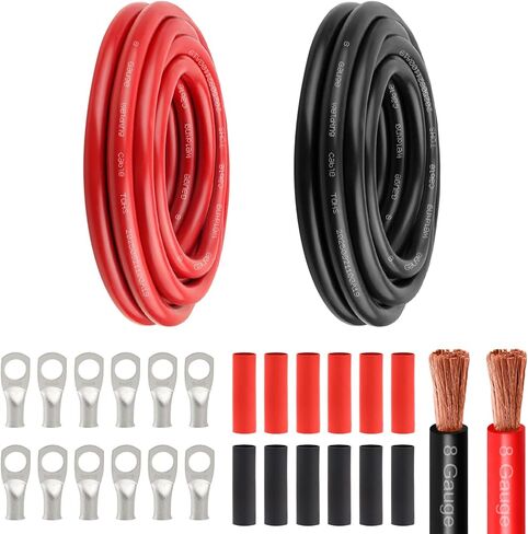 كابل طاقة بطارية 6 Awg - 15FT أحمر + 15FT أسود 6 كابل لحام مرن سلك نحاسي OFC مع موصلات طرفية العروات وأنبوب الانكماش الحراري للسيارات والبطارية والعاكس والقارب والمولد in Kuwait