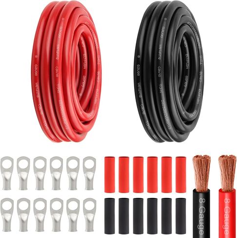 كابل طاقة بطارية 6 Awg - 15FT أحمر + 15FT أسود 6 كابل لحام مرن سلك نحاسي OFC مع موصلات طرفية العروات وأنبوب الانكماش الحراري للسيارات والبطارية والعاكس والقارب والمولد in Kuwait