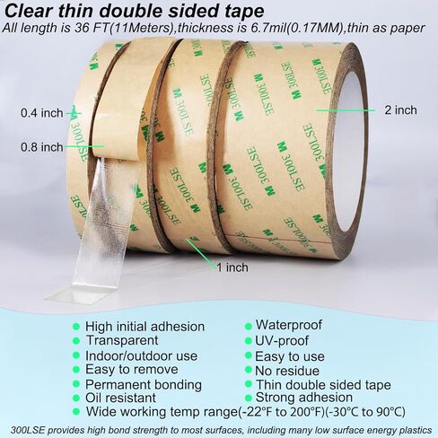 Thin Double Sided Tape Heavy Duty, Clear Adhesive Tape,Removable,Heat Resistant,Waterproof,Sticky Mounting Tape,Strong Two Sided Tape for Scarpbook,Wall,LED Strips,Poster,Craft,0.4 inch *36FT in Kuwait
