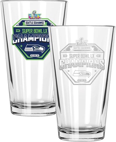 The Memory Company Officially Licensed NFL Seattle Seahawks 2026 Super Bowl LX Champions 2-Pack 16oz Pint Glass Set, Direct Print/Etched in Saudi Arabia