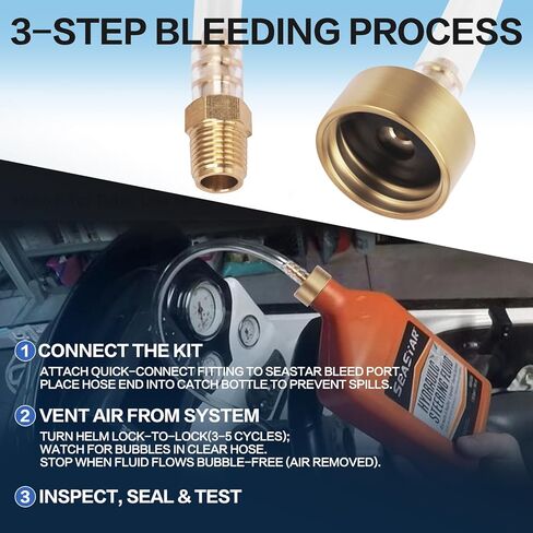 Seastar Hydraulic Steering Bleed Kit -【Leak-Proof & Quick Connection】 Marine Bleeder Tool for Boat Steering Systems，Upgraded Cap Thread for Bottle Has Seal and Prevent Leaks Fluid-Brass in Kuwait