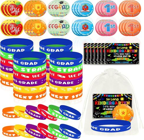144 PCS 5 هدايا التخرج من الدرجة الخامسة تشمل 36 معصمًا مطاطيًا 36 شارات التخرج 36 تهنئة بطاقة التخرج 36 أكياس أورجانية لصالح الحفلة الخامسة لتوفيرات الحفلات in Kuwait