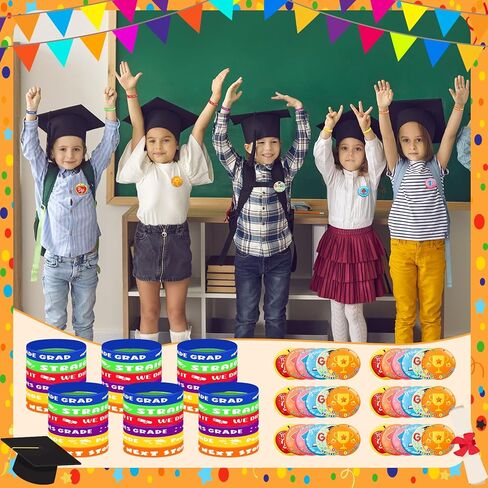 144 PCS 5 هدايا التخرج من الدرجة الخامسة تشمل 36 معصمًا مطاطيًا 36 شارات التخرج 36 تهنئة بطاقة التخرج 36 أكياس أورجانية لصالح الحفلة الخامسة لتوفيرات الحفلات in Kuwait
