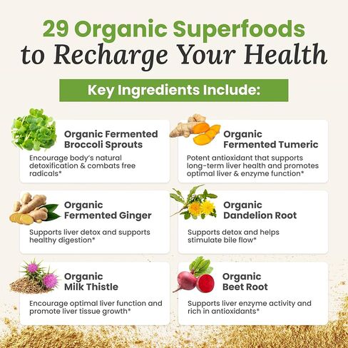 Daily Detox Greens Powder, Organic Superfood Supplement for Detox, Gut Health, Energy, Immune Support, Overall Wellness, Gluten Free Multivitamin Drink Mix, Vegan, Non GMO, 30 Servings in Saudi Arabia