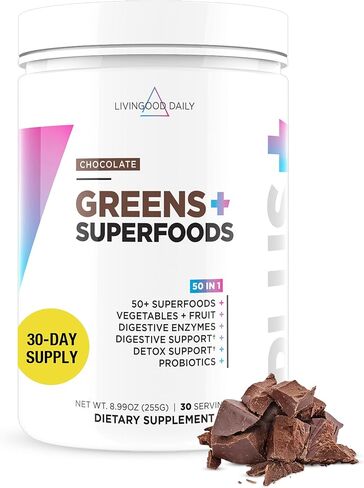 Livingood Daily Greens & Superfood Powder، الخضروات الفائقة لصحة الأمعاء، مسحوق العصير الأخضر مع سبيرولينا، شلوريلا، والإنزيمات الهاضمة، البروبيوتيك لدعم الجهاز الهضمي، الشوكولاتة، 30 حصة in Saudi Arabia