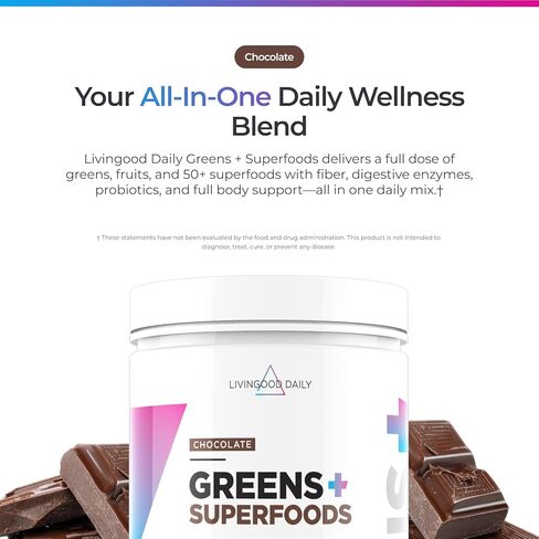Livingood Daily Greens & Superfood Powder، الخضروات الفائقة لصحة الأمعاء، مسحوق العصير الأخضر مع سبيرولينا، شلوريلا، والإنزيمات الهاضمة، البروبيوتيك لدعم الجهاز الهضمي، الشوكولاتة، 30 حصة in Saudi Arabia
