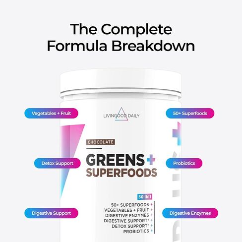 Livingood Daily Greens & Superfood Powder، الخضروات الفائقة لصحة الأمعاء، مسحوق العصير الأخضر مع سبيرولينا، شلوريلا، والإنزيمات الهاضمة، البروبيوتيك لدعم الجهاز الهضمي، الشوكولاتة، 30 حصة in Saudi Arabia