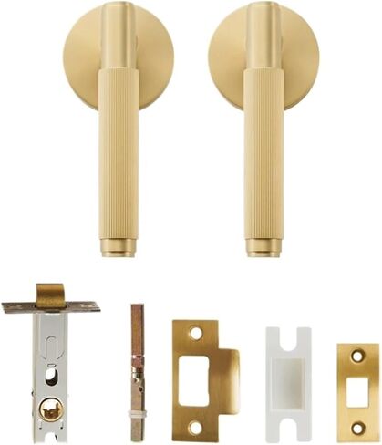 2-1/8" Hole Brass Lock Set Stripe Lever Round Panel Door Handle 1Pcs(Paired Handles-QBCF) in Saudi Arabia