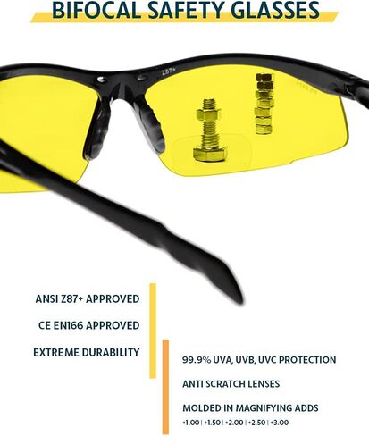 Bifocal Safety Glasses SB-9000 with Yellow Lenses (Yellow, 1, diopters) in Kuwait