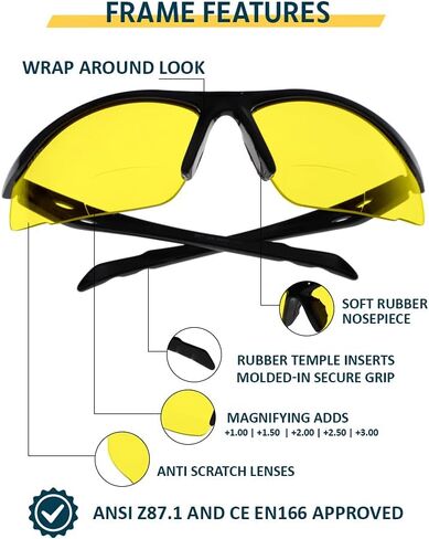 Bifocal Safety Glasses SB-9000 with Yellow Lenses (Yellow, 1, diopters) in Kuwait