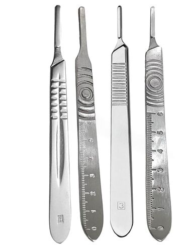 Scalpel Handle NO. 3 & Scalpel Handle NO. 4 - with Measuring Scale + Plain (No Scale) - Set of 4 - Stainless Steel Dissecting Handle Only in Saudi Arabia