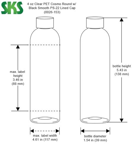4 oz Plastic Bottles, Clear PET Cosmo Rounds w/Black Smooth PS-22 Lined Caps in Kuwait