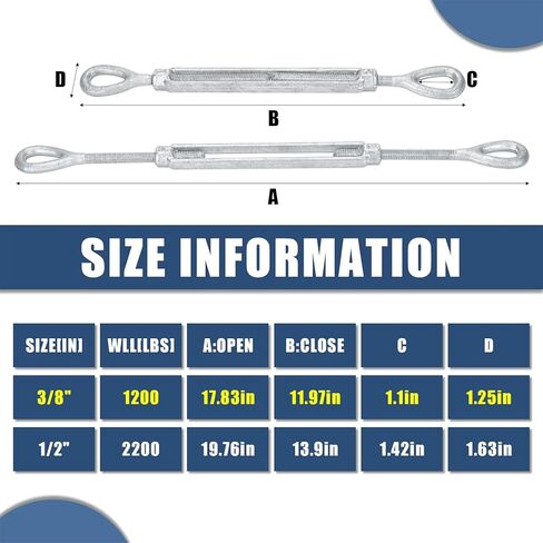 3/8 Inch X 6" Galvanized Turnbuckle Hook,Heavy Duty Stainless Steel Swivel Eye and Eye Turnbuckle,1200 LBS Working Load Limit,Suitable for Industrial and Construction Applications(4 Pack) in Kuwait