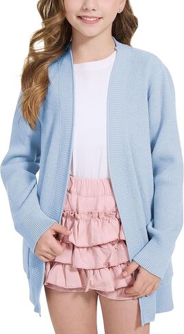 WULFUL Girls Long Sleeve Cardigan Kids Casual Open Front Oversized Sweater with Pockets in Kuwait