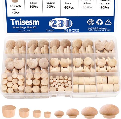 Tnisesm 230Pcs Wood Plugs 1/2" 3/8" 5/16" 3/16" Hole Plugs Button Plugs 2 Styles Button Screw Covers Assortment Kit Mushroom & Flush Wood Caps in Kuwait