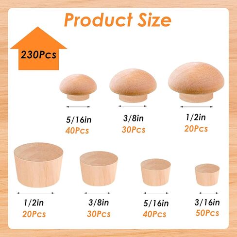 Tnisesm 230Pcs Wood Plugs 1/2" 3/8" 5/16" 3/16" Hole Plugs Button Plugs 2 Styles Button Screw Covers Assortment Kit Mushroom & Flush Wood Caps in Kuwait