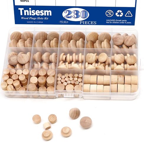 Tnisesm 230Pcs Wood Plugs 1/2" 3/8" 5/16" 3/16" Hole Plugs Button Plugs 2 Styles Button Screw Covers Assortment Kit Mushroom & Flush Wood Caps in Kuwait