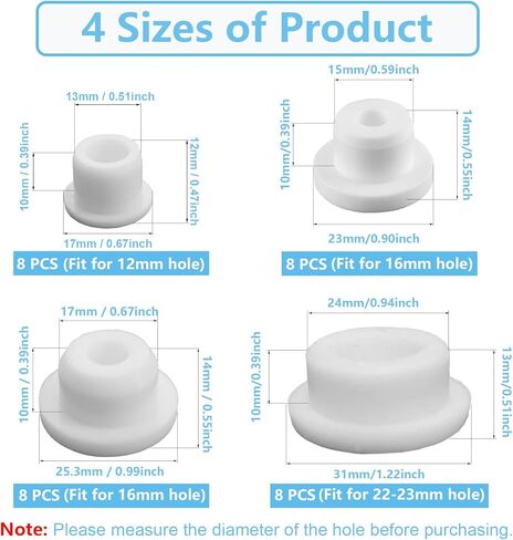 32 PCS Bathtub Jet Covers Silicone Hole Plug Waterproof Tube Plugs White 4 Sizes Bathtub Plug Fit for 12mm 14mm 16mm 22-23mm Bathtub Hole in Kuwait