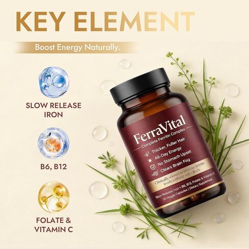 Ferritin Supplement for Women – Supports Healthy Iron & Energy Levels – with Ferrous Glycine, Vitamins C, B12, B6, Folate, Zinc & Probiotics – 60 Capsules in Saudi Arabia