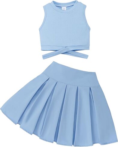 Cute Clothes for Girls Crisscross Crop Tank Top Pleated Skirt Tween Girl Trendy Summer Outfit Kid Clothing Set 7-14 in Kuwait