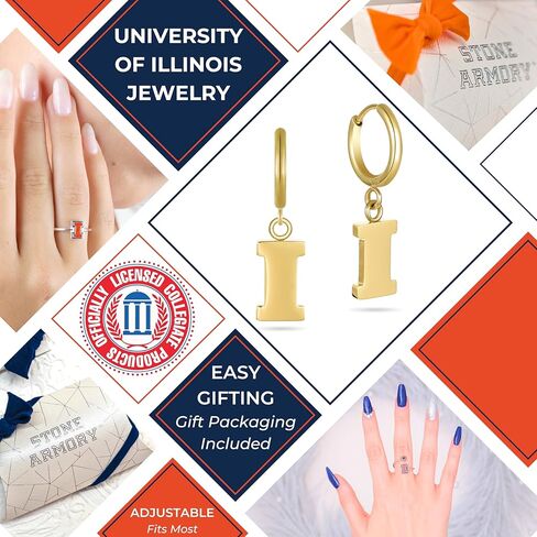 Stone Armory Earrings for Illinois Fighting Illini – 18K Gold Plated Stainless Steel Jewelry Designed for Sensitive Skin – A Gift for University of Illinois Fans, Women, and Graduates in Saudi Arabia