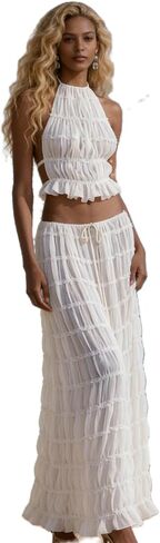 Womens 2 قطعة Maxi Skirt مجموعة الدانتيل أعلى دبابات بلا أكمام وتنورة طويلة التدفق 2024 ملابس الشاطئ الصيفية in Kuwait