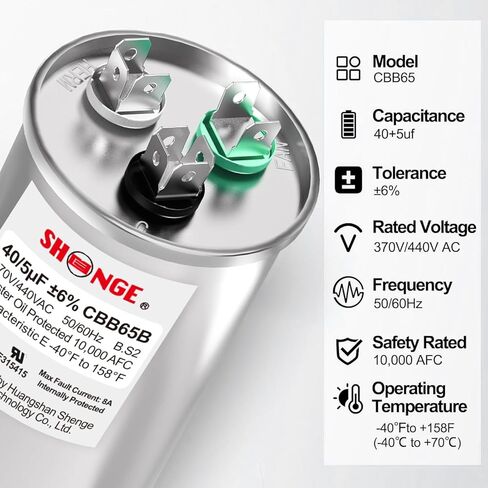 40+5uF 40/5 MFD ±6% 370V/440V CBB65B AC Capacitor, Dual Run Round Capacitor Replacement for HVAC Motor Start, Fan Start, Heat Pump, Condenser Straight Cool in Kuwait