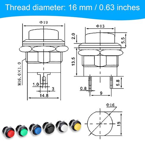 24 Pcs 16MM 5/8" Momentary Push Button Switch, High Round Waterproof Metal Shell on Off Switch, Self-Resetting with Screw Terminals, 3A 250V AC 2-Pin Self-Resetting Mini Round Switches (6 Colors) in Saudi Arabia