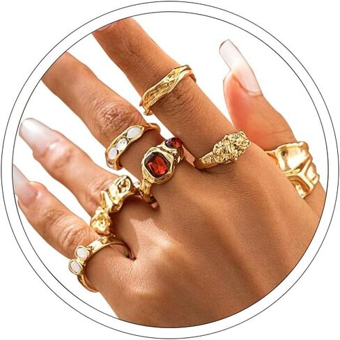 Chunky Rings for Women Set 12 Pcs Gold Rings Non Tarnish Adjustable Ring for Women Vintage Stack ring Chunky Jewelry in Kuwait