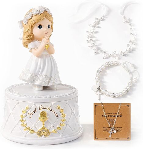 هدايا الشركة الأولى للفتيات- تمثال فتاة مقدسة مع صندوق التذوق و Flower Girl Headpiece & Cross Necklace & Cross Cross المشمولة ، هدايا الشركة الأولى للفتيات in Kuwait