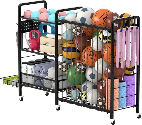 Sports Equipment Garage Organizer,Garage Ball Storage Rack for Sports with Wheels-Upgraded 3 Layers Sports Organizer Rack Outdoor Basketball Racks for Balls with Holder and Hooks in Kuwait