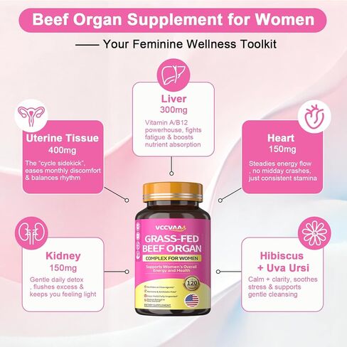 Beef Organ Supplement for Women, Grass-Fed Beef Liver Uterine Kidney Heart Organ Complex with Vitamins & Herbal | Detox, Hormone, Iron-Rich Energy & Skin Renewal | 120 Caps, 3rd Party Tested in Saudi Arabia