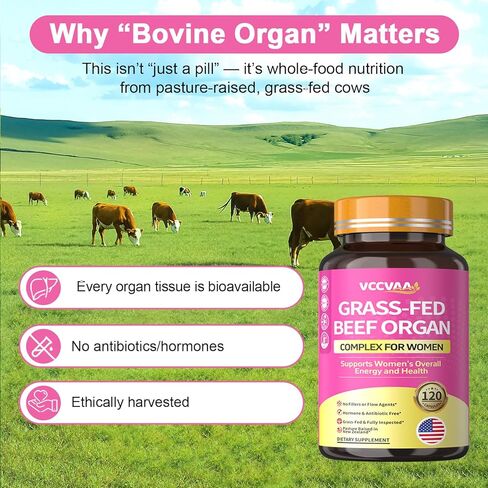 Beef Organ Supplement for Women, Grass-Fed Beef Liver Uterine Kidney Heart Organ Complex with Vitamins & Herbal | Detox, Hormone, Iron-Rich Energy & Skin Renewal | 120 Caps, 3rd Party Tested in Saudi Arabia