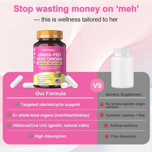 Beef Organ Supplement for Women, Grass-Fed Beef Liver Uterine Kidney Heart Organ Complex with Vitamins & Herbal | Detox, Hormone, Iron-Rich Energy & Skin Renewal | 120 Caps, 3rd Party Tested in Saudi Arabia
