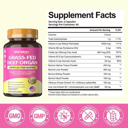 Beef Organ Supplement for Women, Grass-Fed Beef Liver Uterine Kidney Heart Organ Complex with Vitamins & Herbal | Detox, Hormone, Iron-Rich Energy & Skin Renewal | 120 Caps, 3rd Party Tested in Saudi Arabia