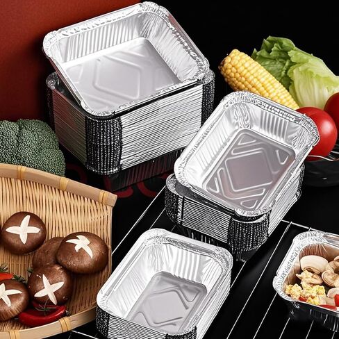 BIBRADAA® 35 عبوة من مقالي الألومنيوم بأغطية، 2200 مل (4.4 رطل)/1100 مل (2.4 رطل)/700 مل (1.5 رطل) مقالي رقائق معدنية بأغطية، مقالي رقائق الألومنيوم، لتقديم الطعام، وإعداد الوجبات والإخراج. تأتي مع 10 مجموعات من أدوات المائدة الخشبية. in Kuwait