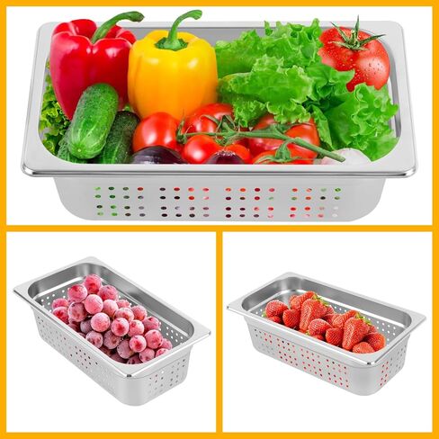 مقالي الفندق، 2 عبوة من الفولاذ المقاوم للصدأ مقاس 1/3 مقلاة طاولة بخار مثقوبة من الفولاذ المقاوم للصدأ، عمق 4 بوصات، درجة الطعام، مضادة للمربى، مقلاة بوفيه تجارية للمطبخ، والتصريف والخضروات بالبخار، آمنة للاستخدام في غسالة الأطباق والفرن in Kuwait