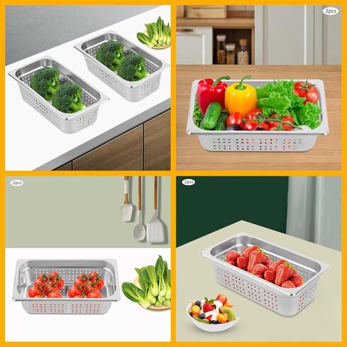 مقالي الفندق، 2 عبوة من الفولاذ المقاوم للصدأ مقاس 1/3 مقلاة طاولة بخار مثقوبة من الفولاذ المقاوم للصدأ، عمق 4 بوصات، درجة الطعام، مضادة للمربى، مقلاة بوفيه تجارية للمطبخ، والتصريف والخضروات بالبخار، آمنة للاستخدام في غسالة الأطباق والفرن in Kuwait