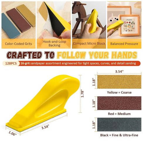 128PCS Premium Micro Sander & Sandpaper Kit, Detail & Mini Hand Sander with Small Sanding Block, 80–3000 Grit Sandpaper Assortment for Wood, Crafts, Furniture, Tight Spaces & DIY Projects in Kuwait