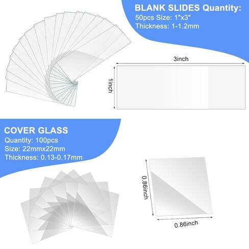 مجموعة شرائح وأغطية المجهر 50 قطعة شرائح زجاجية فارغة مُنظفة مسبقًا للمجاهر 100 قطعة أغطية مربعة للتجارب والتحليلات in Kuwait