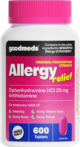 Allergy Medicine Antihistamine, Diphenhydramine HCl 25 mg | Children and Adults | Relieve Itchy Eyes, Runny Nose, Sneezing (25 mg, 600 Tablets) in Kuwait