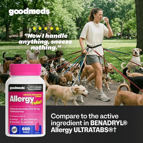Allergy Medicine Antihistamine, Diphenhydramine HCl 25 mg | Children and Adults | Relieve Itchy Eyes, Runny Nose, Sneezing (25 mg, 600 Tablets) in Kuwait