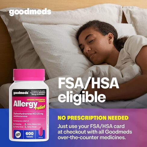 Allergy Medicine Antihistamine, Diphenhydramine HCl 25 mg | Children and Adults | Relieve Itchy Eyes, Runny Nose, Sneezing (25 mg, 600 Tablets) in Kuwait
