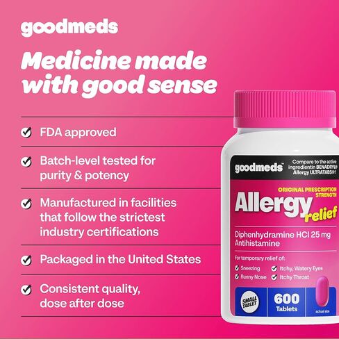 Allergy Medicine Antihistamine, Diphenhydramine HCl 25 mg | Children and Adults | Relieve Itchy Eyes, Runny Nose, Sneezing (25 mg, 600 Tablets) in Kuwait