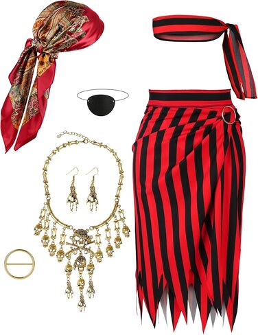 Angelaicos Womens Pirate Costume with Accessories Set Pirate Head Scarf Pirate Eye Patch for Women Halloween Cosplay Outfits in Kuwait