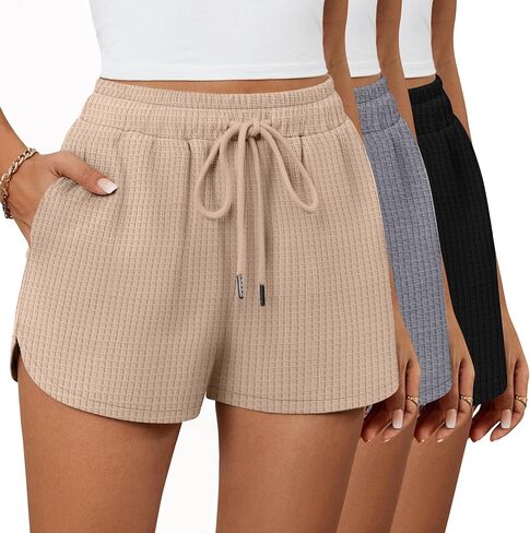 Riyiper 3 Pack Women's Waffle Knit Shorts Cotton Drawstring Lounge Summer Comfy Casual Shorts with Pockets in Kuwait