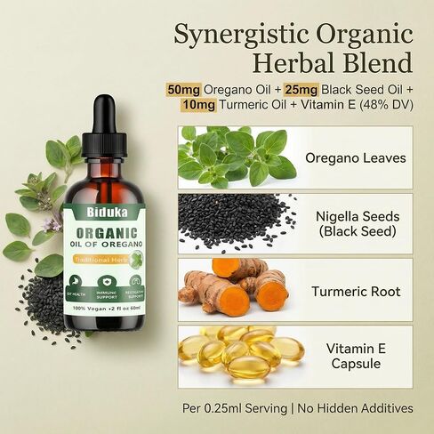 Organic Oregano Oil Liquid Drops, Blended with Black Seed Oil Turmeric Oil & Vitamin E, 2 fl oz, 240 Servings for 40 Days Supply, Vegan Gluten-Free GMO-Free, GMP Certified Herbal Supplement in Saudi Arabia