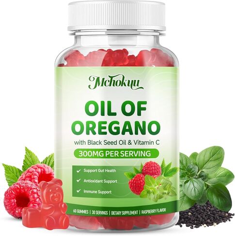 Oil of Oregano with Black Seed Oil, 2-in-1 Black Seed Oil Supplement for Women & Men Support Antioxidant Health, Sugar Free & Vegan Raspberry Herbal Gummies, 60 Count in Kuwait