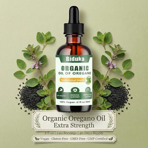 Organic Oregano Oil Liquid Drops, Blended with Black Seed Oil Turmeric Oil & Vitamin E, 2 fl oz, 240 Servings for 40 Days Supply, Vegan Gluten-Free GMO-Free, GMP Certified Herbal Supplement in Saudi Arabia